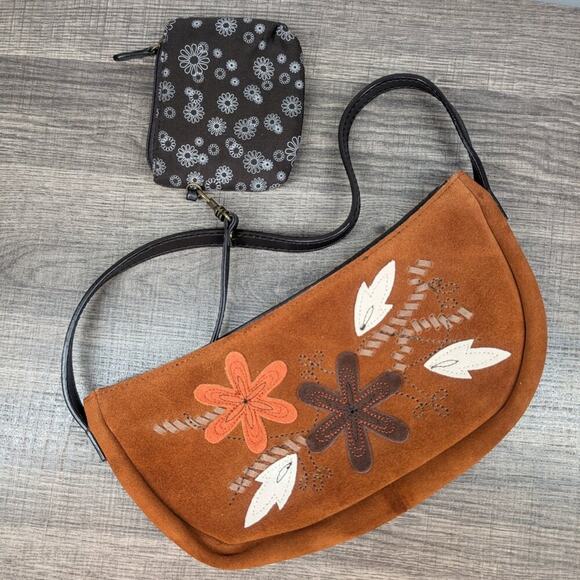 Avon Light Brown Suede Leather Mini Shoulder Bag Floral and Leaf Pattern Retro - Picture 1 of 7
